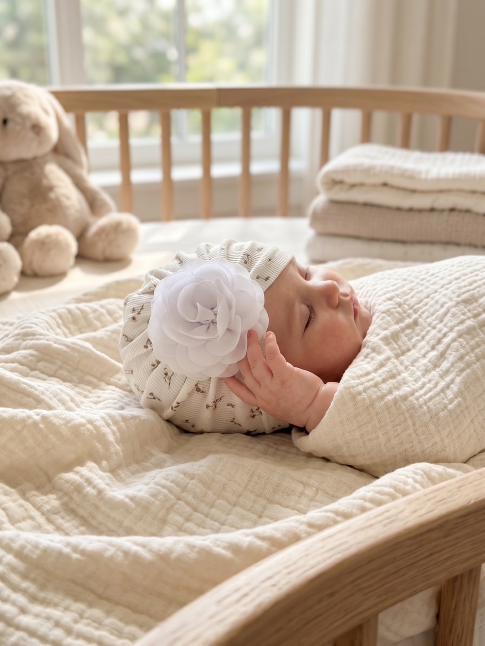 Handmade Baby Girl Floral Turban Hat with Flower Detail